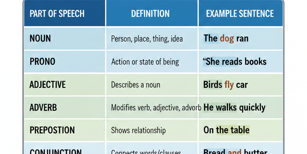 English parts of speech chart 